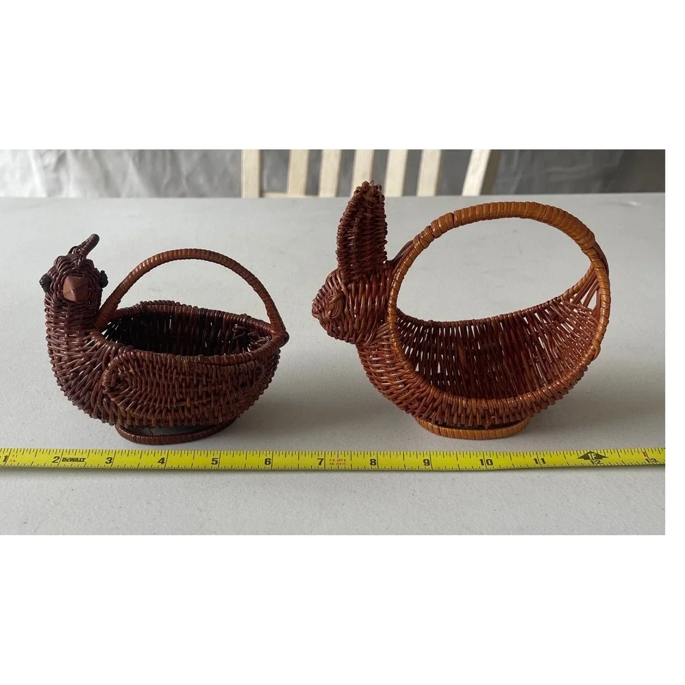 Vintage Miniature Wicker Animal Basket Set Chicken Hen and Rabbit Bunny Easter